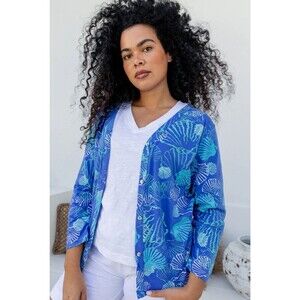 West Indie Wear Womens Cardigan Small Shell Print Lightweight Coastal Resort